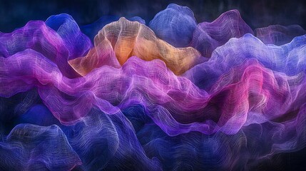 Abstract flowing colorful mesh pattern with vibrant gradient lines and dynamic waves, technology and data concept background.