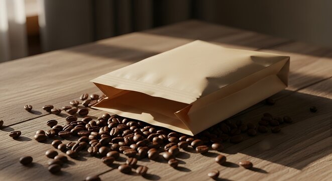 A brown paper bag spills roasted coffee beans onto a wooden table in soft natural light setting scene
