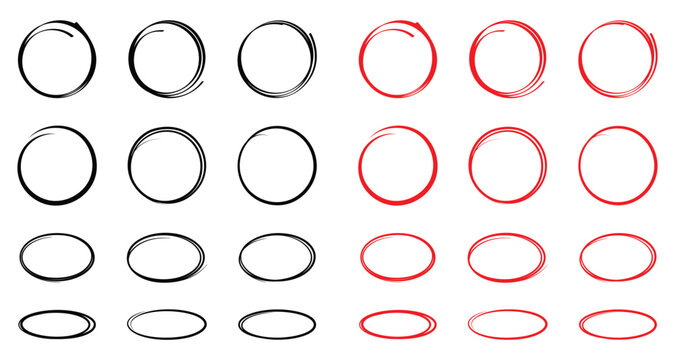 Drawn pen line oval set. Hand drawn marker stroke style doodle oval frame. Scribble round frame for text highlight. Vector illustration set. EPS 10