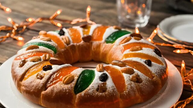 4K Ultra-Realistic Cinematic Rosca de Reyes Sweet Bread with Festive Lights and Cozy Atmosphere