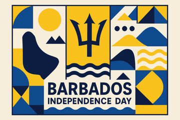 Abstract Barbados holiday artwork featuring stylized trident island forms and cultural motifs in minimal design