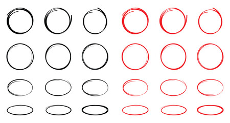 Hand drawn circle highlighter line sketch set. Vector marker black and red circular lines, doodle round circles for message note mark design element. Pencil or pen bubble sketch © Oliver Vandenberg