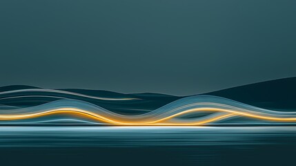 Futuristic abstract waves of glowing light and digital lines creating a technological landscape background with reflection.