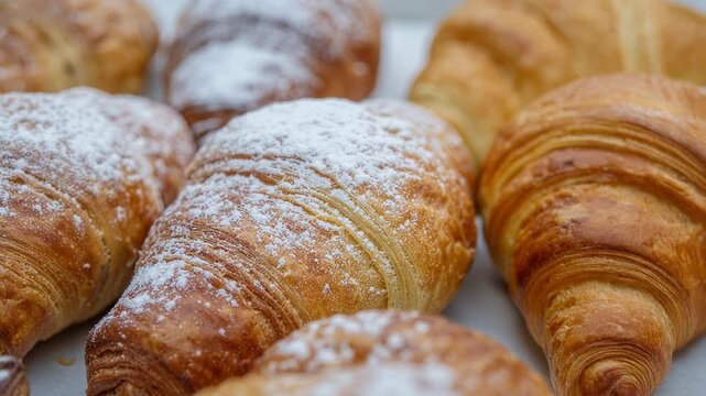 Pile of fresh delicious french croissants pastry as background. 