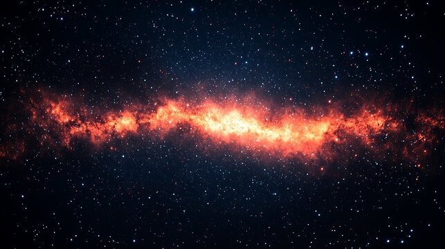 Stunning view of the Milky Way galaxy with bright stars and colorful red, orange, and yellow nebulas glowing in deep dark cosmic space.