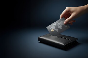 Hand placing a silver credit card with world map design into a black leather wallet on a dark background, showcasing global finance, payment, and modern banking.