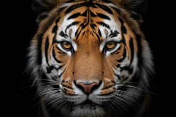 Obraz premium Close-up portrait of a tiger staring directly forward with intense golden eyes, detailed fur texture, and dramatic lighting on a black background.