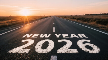 New year 2026 written on the road on the asphalt road at sunset.