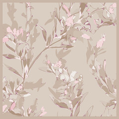 Floral backgrounds of silk scarf design in soft chocolate combination, abstract art textile design. 