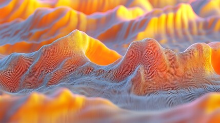 Abstract Digital Landscape with Glowing Wireframe Grid and Wavy Forms