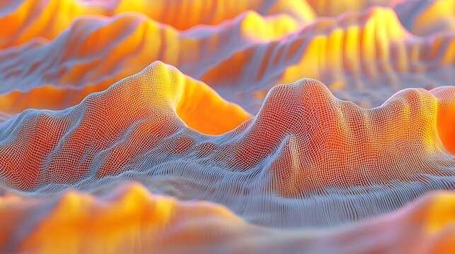 Abstract Digital Landscape with Glowing Wireframe Grid and Wavy Forms