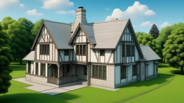 Tudor-style house with timber framing and gabled roof in a lush garden.