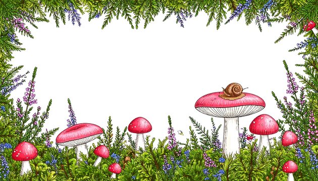 Whimsical forest scene with mushrooms, snail, plants, and frame of greenery on white background