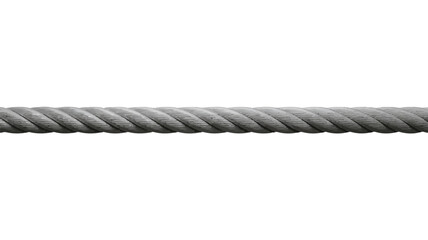 Thick, twisted metal cable viewed horizontally on a white background wire rope