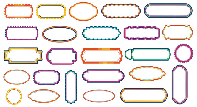A vibrant collection of blank decorative frames and labels in various shapes and colors, perfect for design elements, crafts, or text placeholders.