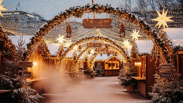 Enchanting christmas market scene adorned with glittering golden string lights, snow-covered arches, and festive star decorations at dusk.