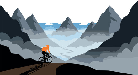 Cyclist exploring majestic mountain landscape at sunrise in silhouette style