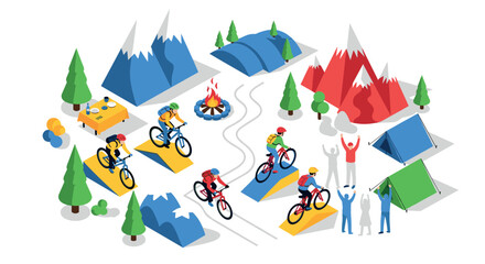 Naklejka premium Isometric camping and cycling adventure with cyclists in mountain landscape