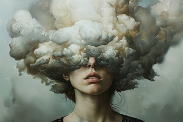 Woman obscured by cloud, shows emotions, and stress. These feelings of stress create a powerful emotion that all people feel. This is human feelings.