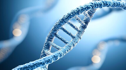 Abstract 3D rendering of blue DNA double helix structure representing genetics and molecular biology