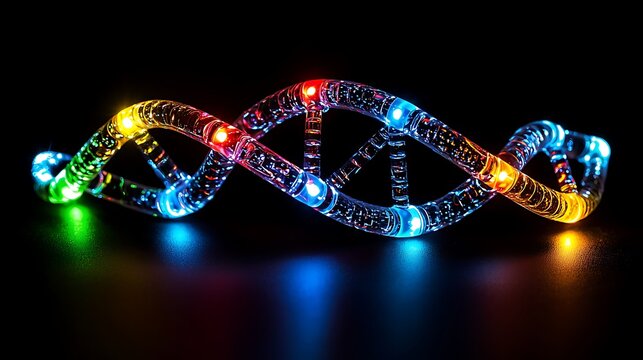 Vibrant illuminated DNA helix model symbolizing genetics, biotechnology, and scientific innovation.