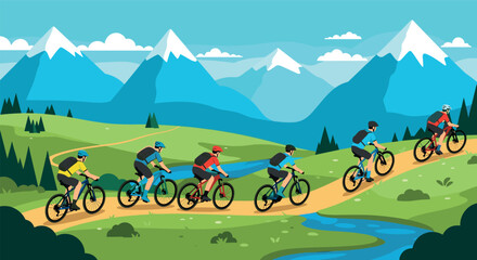 Fototapeta premium Cyclists enjoying a mountain path adventure under clear blue skies