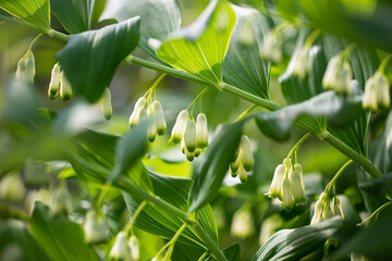 Delicate lily-of-the-valley flower
in close-up against a background of greenery. 