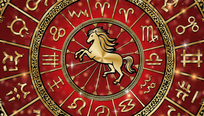 Golden Horse Icon in the Center of a Red Zodiac Wheel with All Twelve Signs