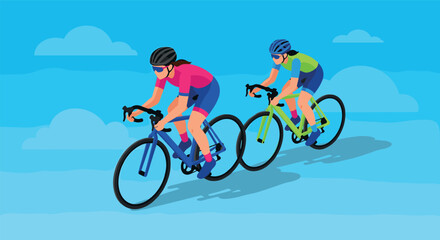 Fototapeta premium Cyclists in vibrant gear riding bicycles against blue sky background