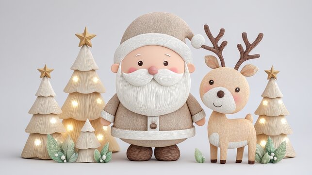 Festive Pixelated Santa Claus and Reindeer with Decorated Christmas Trees