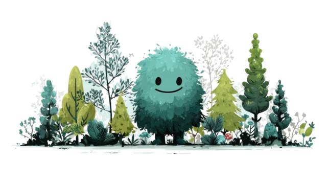 Happy cartoon creature smiling joyfully while standing in vibrant enchanted forest with playful natural details isolated on white background