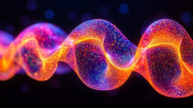 Abstract Digital Wave of Glowing Colorful Particles on Dark Background