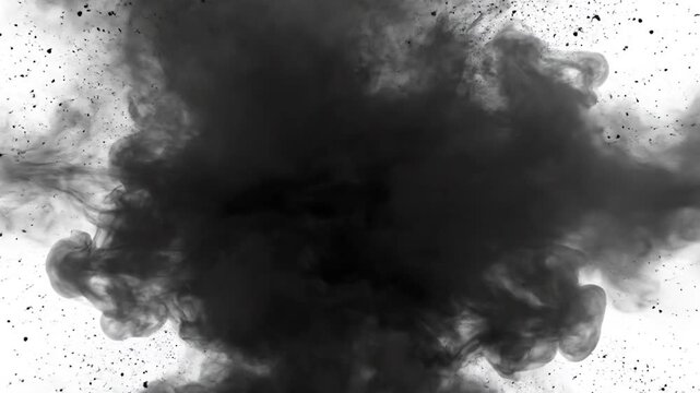 A dynamic black cloud bursts forth against a white backdrop, accompanied by scattered particles