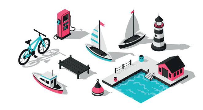 Isometric coastal scene with boats, lighthouse, and bicycle - Powered by Adobe