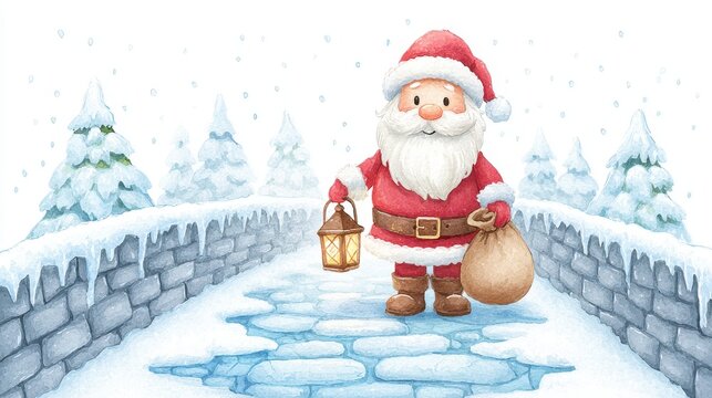 Santa Claus Walks Across Snowy Bridge Holding Lantern And Gift Bag Winter Season Christmas Eve Celebration