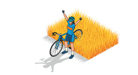 Cyclist celebrating victory in golden field isometric artwork
