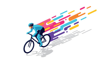 Fototapeta premium Dynamic cyclist with colorful streaks on a minimalist white background