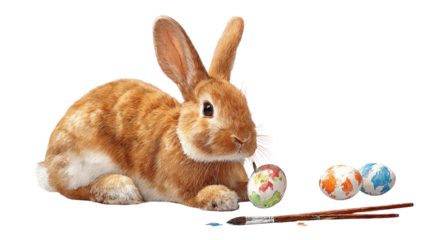 Cute Easter bunny holding colorful decorated Easter eggs in cheerful seasonal festive arrangement isolated on white background