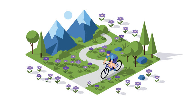 Cyclist on serene mountain trail in isometric style with lush trees and wildflowers - Powered by Adobe