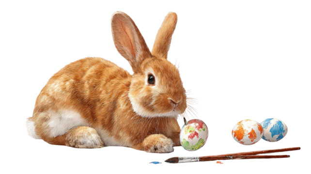 Cute Easter bunny holding colorful decorated Easter eggs in cheerful seasonal festive arrangement isolated on white background