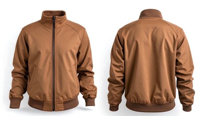 Catalog mockup of a brown bomber jacket, fashion collection studio shot, front and back view
