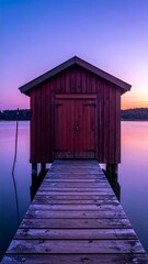 Dock stretching towards a boathouse on calm water at dusk, with a purple sky