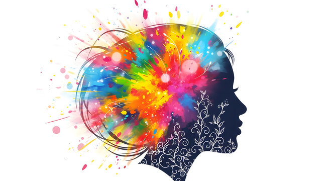 Silhouette profile of a womans head with a vibrant colorful paint splash explosion inside, indicating creativity and expression