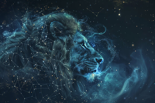 Cosmic lion artwork blends celestial elements with the king of beasts, depicting majesty. Ideal for fantasy art, astrological themes, and showcasing cosmic lion as strength.