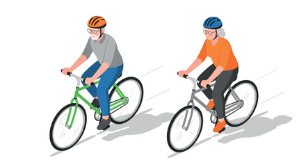Fototapeta premium Active seniors cycling together in isometric style on a clear day