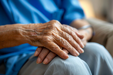 Fototapeta premium Hands holding conveys human comfort signifies companionship for seniors. Highlights connection, care, respect for age. Promotes importance care.