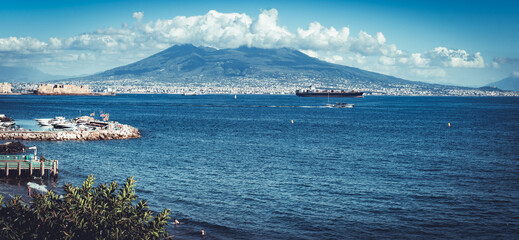 Cityscapes of Napoil, Italy. Mount Vesuvio in the background.