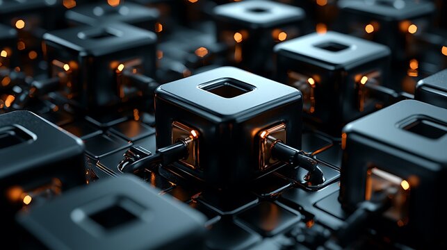 Digital Network Infrastructure: Glowing Connections on Dark Metallic Cubes Representing Data Transfer and Computing Technology