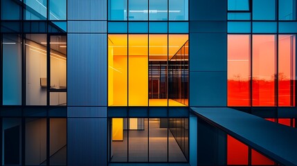 Abstract geometric design of a modern office building facade with vibrant blue, yellow, and red illuminated windows