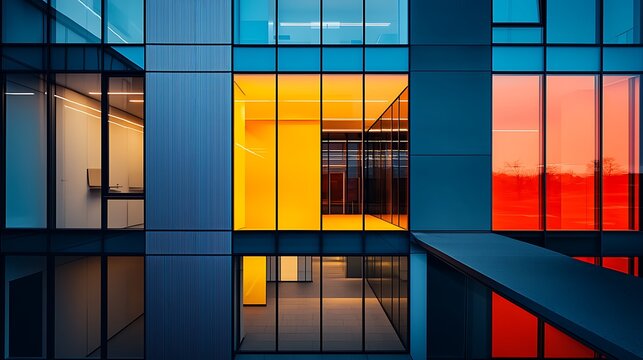Abstract geometric design of a modern office building facade with vibrant blue, yellow, and red illuminated windows